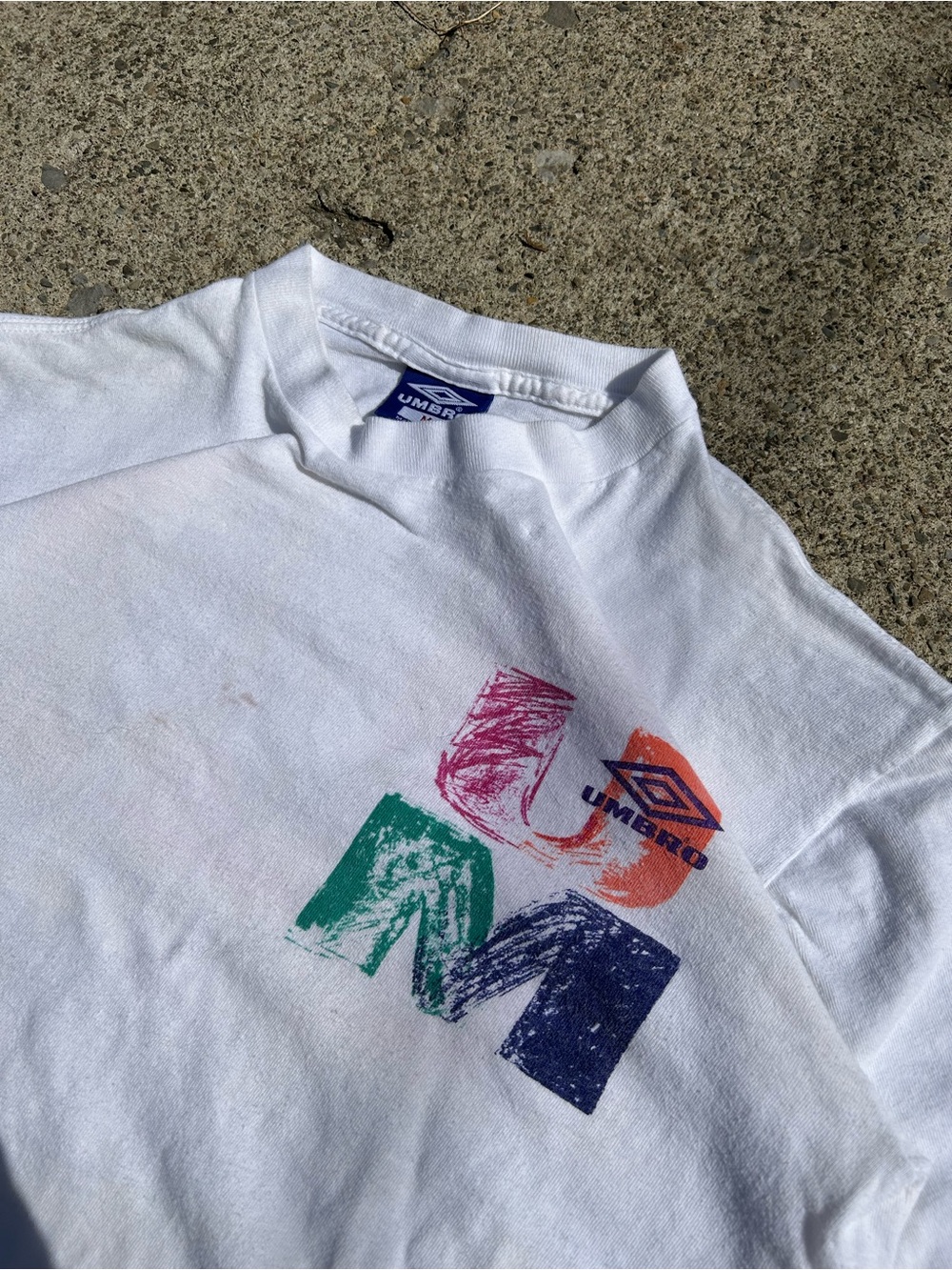 Vintage Umbro White Graphic Logo Tee with Color Block Letters